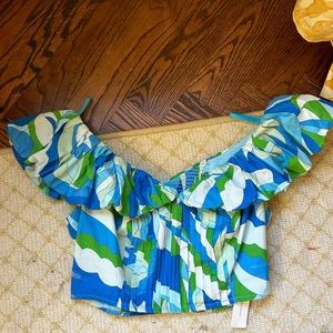 anthropologie green and blue cropped blouse